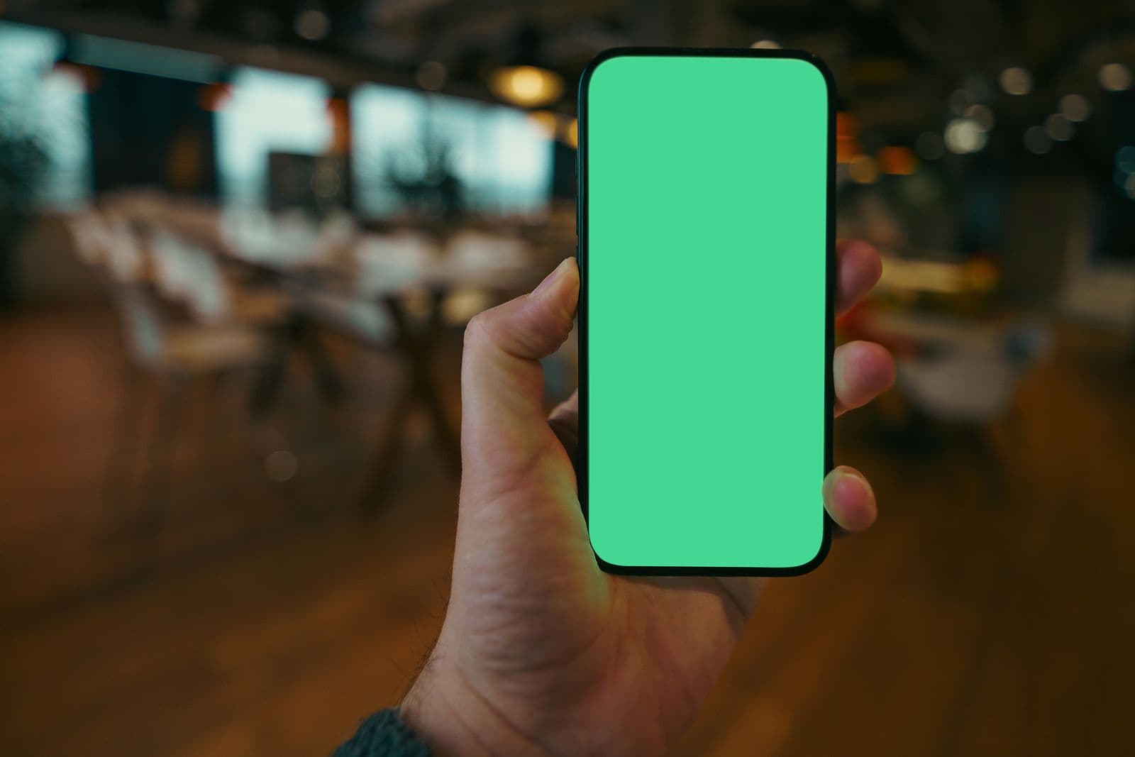 Una mano sostiene un móvil con la carta digital de Waitless en una cafetería